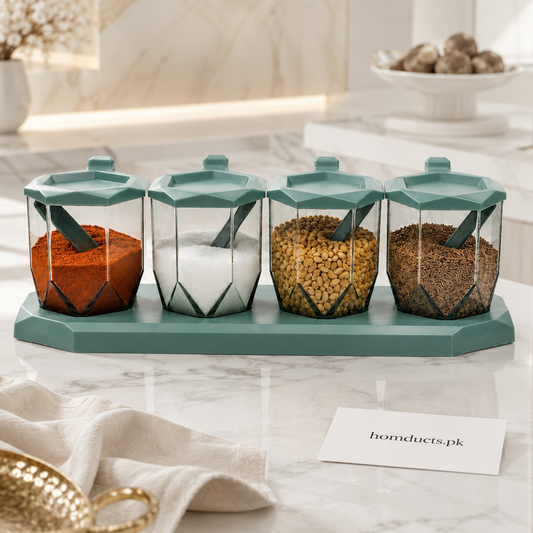 4 Compartment Spice Jar Set with Spoons & Tray – Airtight Kitchen Seasoning Container Organizer (4 PCS)